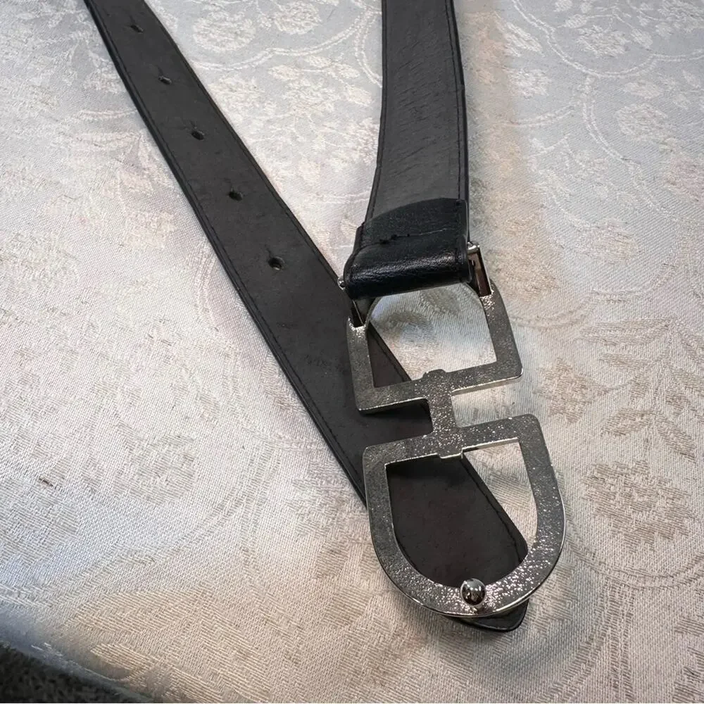 Black Leather Belt with Silver Buckle 37.5 inch